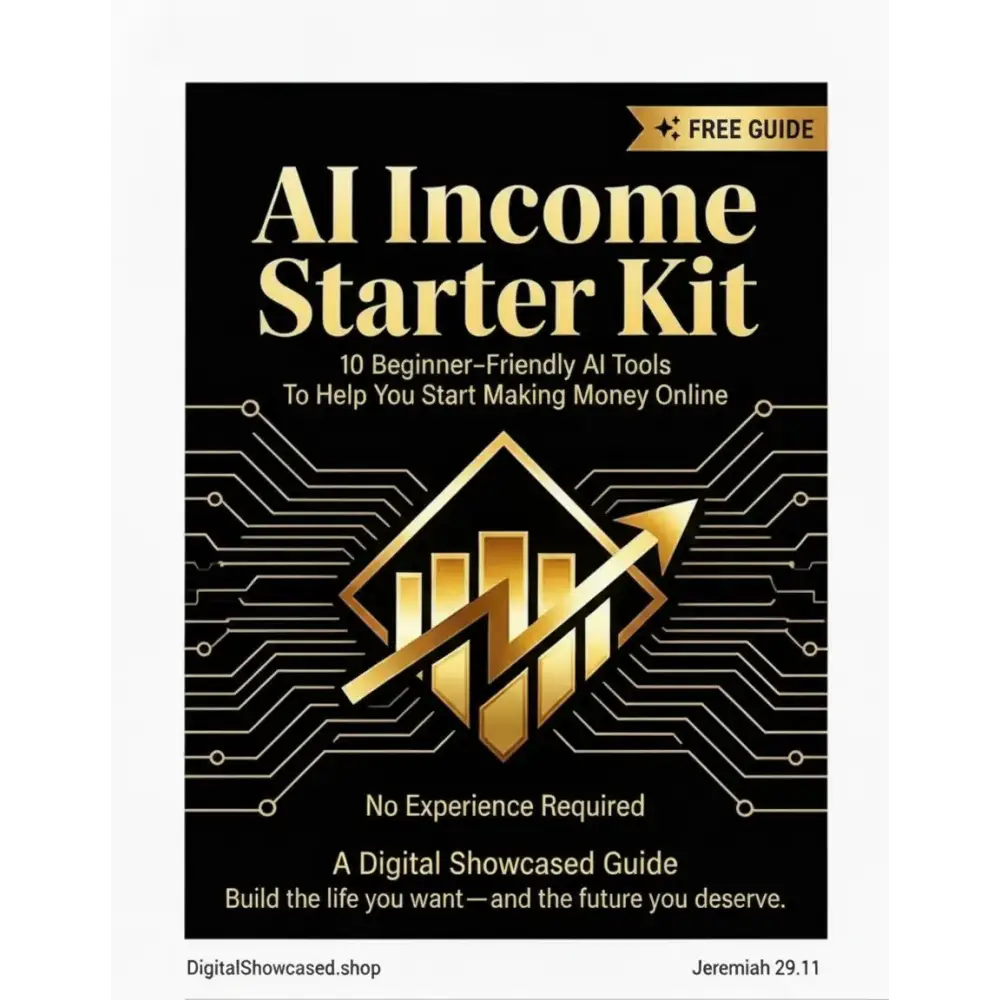 AI Income Starter Kit guide cover with gold bar chart emblem on a black circuit board background for AI side hustles.