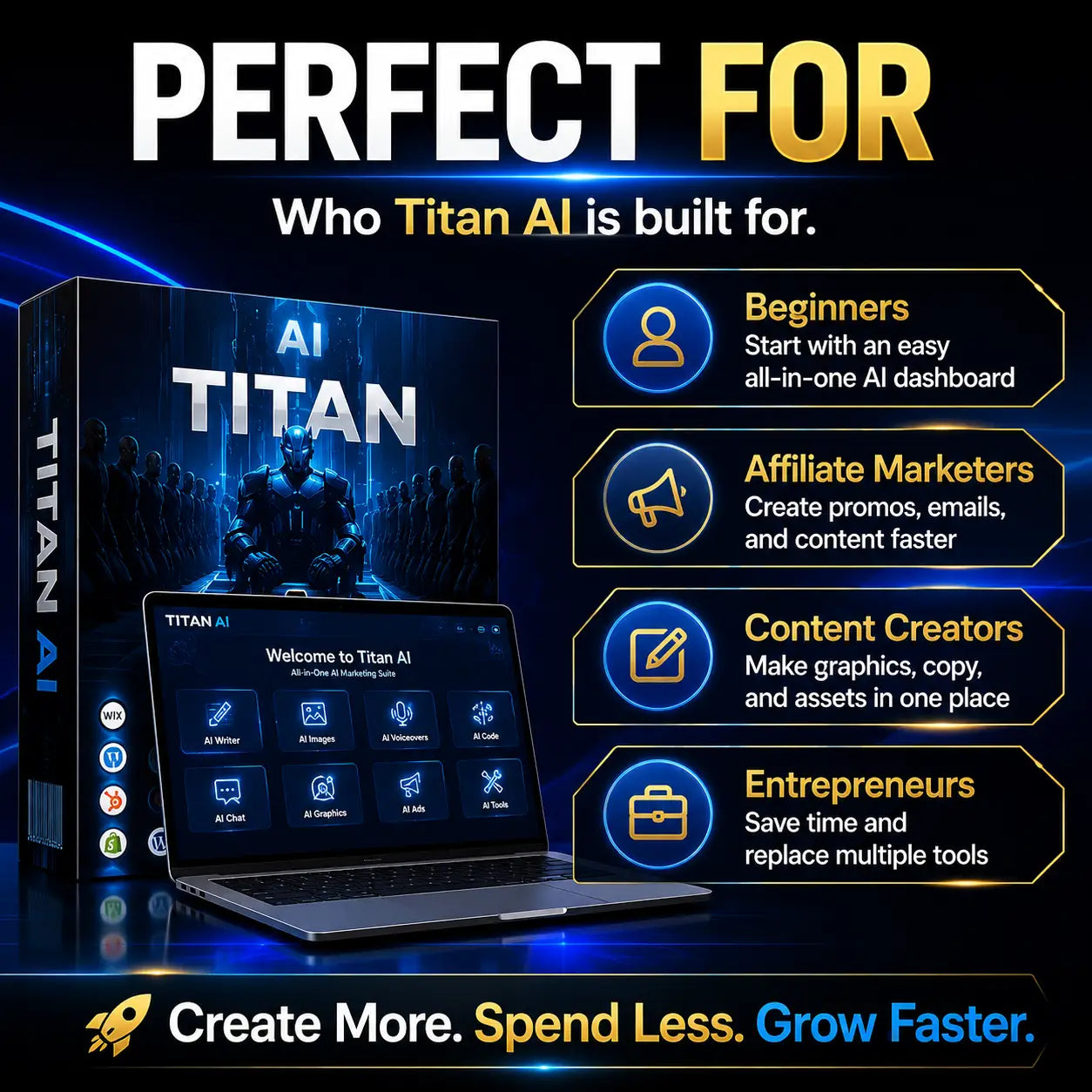 AI TITAN all-in-one ai marketing suite in sleek black box with blue accents helps create stunning graphics on laptop