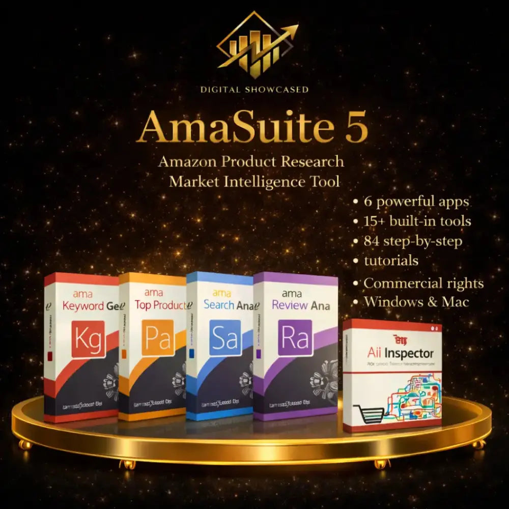AmaSuite 5 Amazon product research software featuring six app icons on a gold display stand with feature highlights.