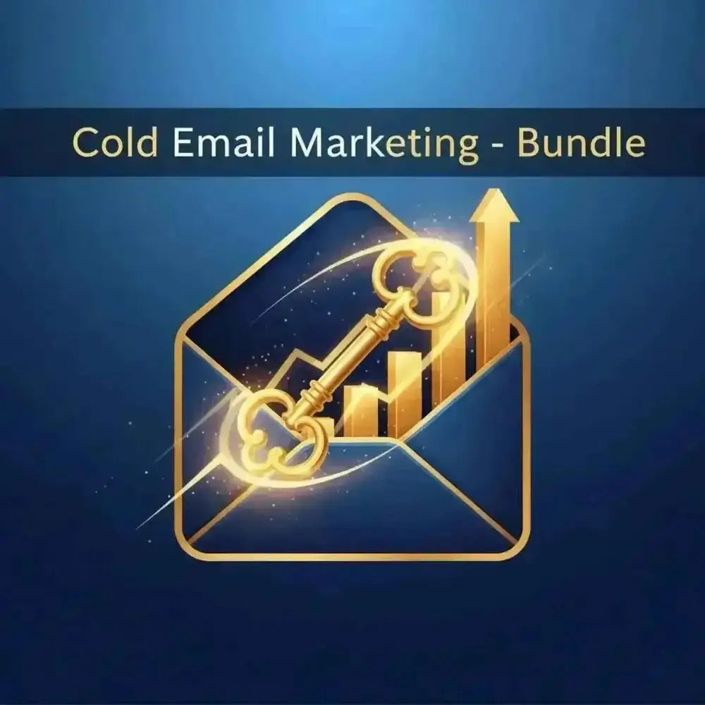 Cold Email Marketing Bundle illustration featuring a golden key and growth graph emerging from a blue envelope.