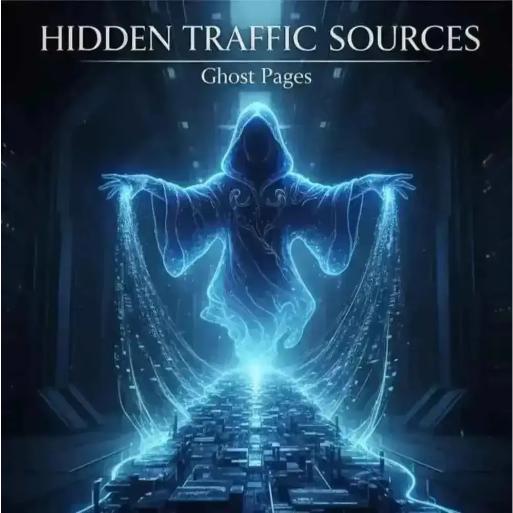 Glowing blue ghost figure in a digital server room for Hidden Traffic Sources Ghost Pages AI side hustle strategy.