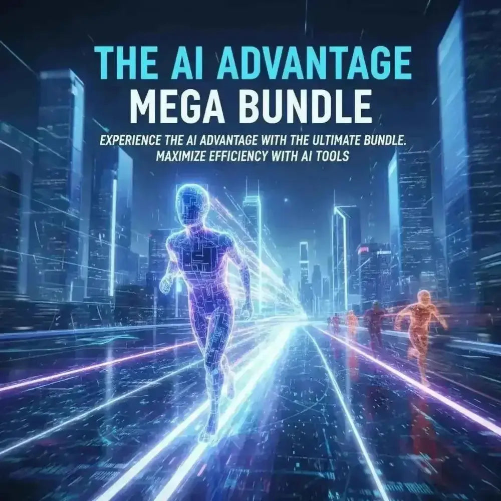 Glowing digital figures running through a neon city for The AI Advantage Mega Bundle course for AI productivity.