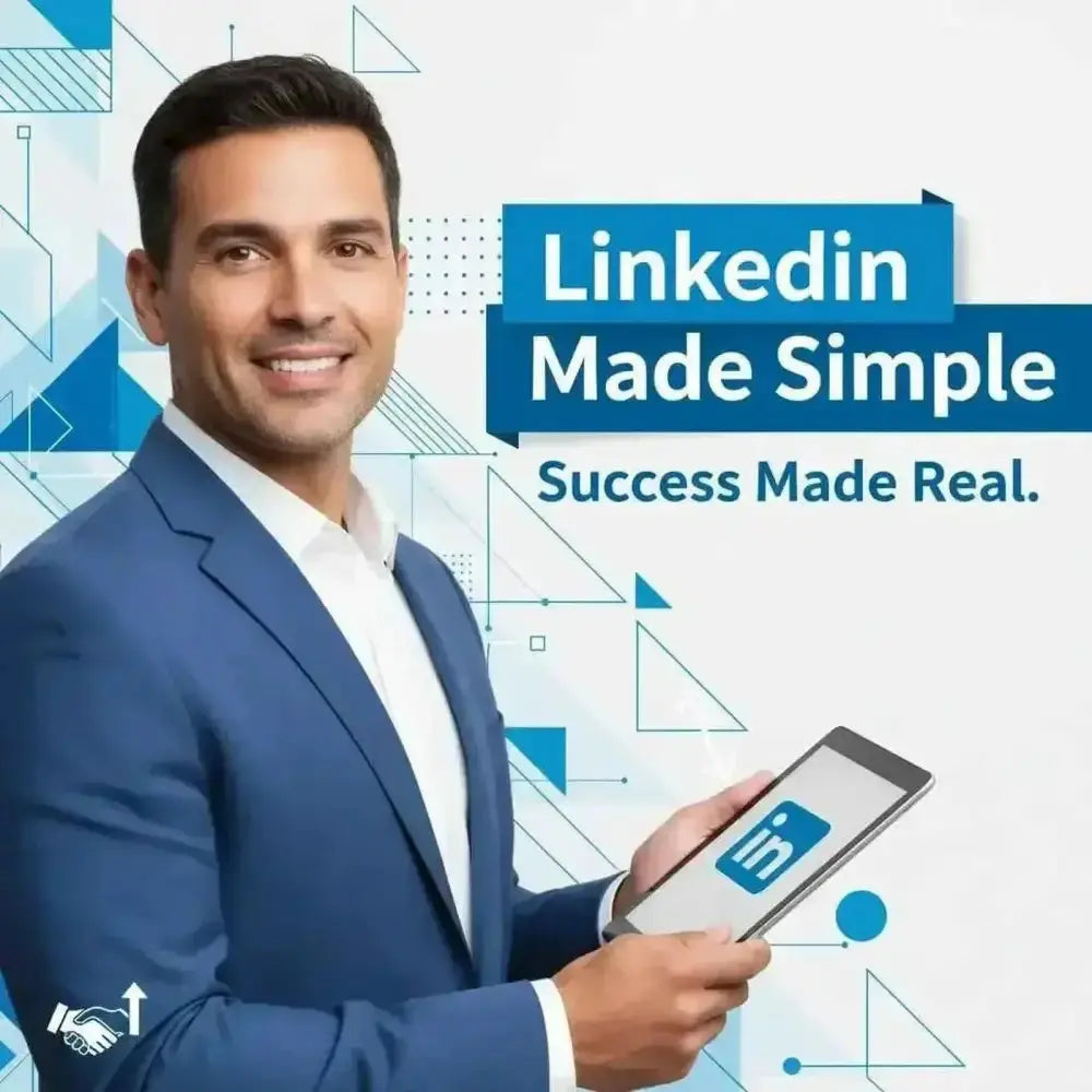 Professional in blue suit holding a tablet with LinkedIn Marketing Strategy Course branding: LinkedIn Made Simple.