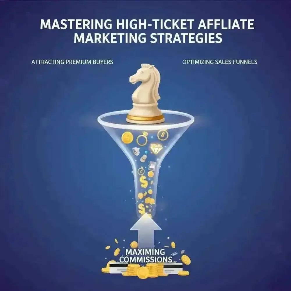 Chess knight atop a sales funnel with gold coins, symbolizing High-Ticket Affiliate Marketing Strategies.
