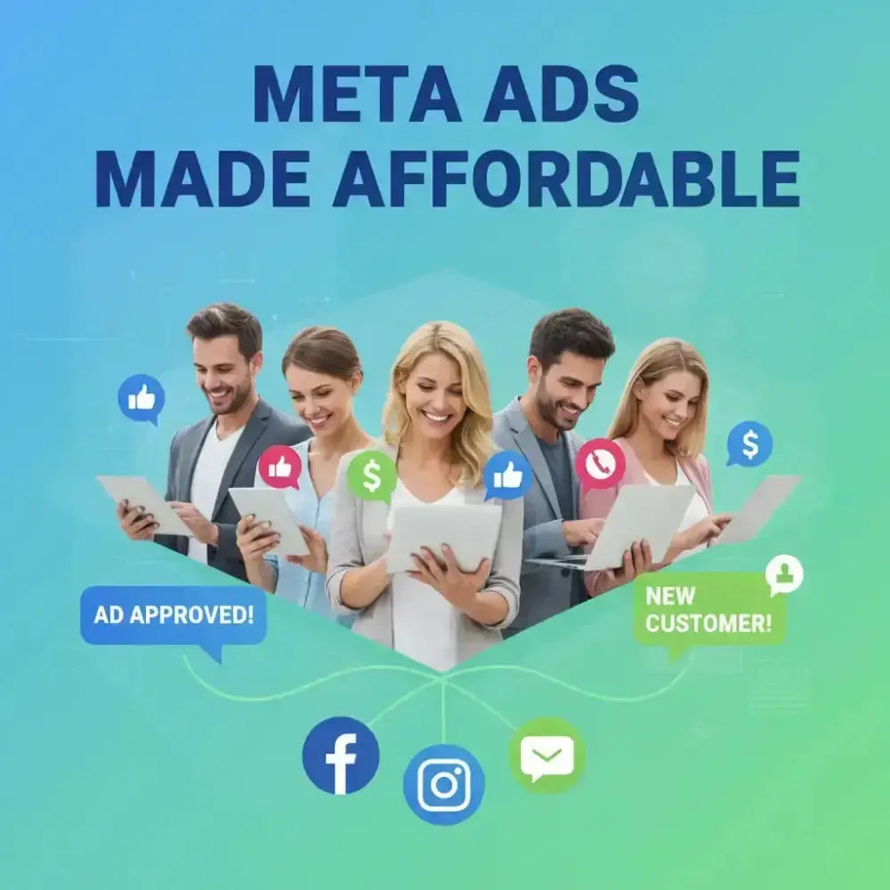 Pros using tablets in a Meta Ads bundle banner with Facebook and Instagram icons on a blue-green gradient background.