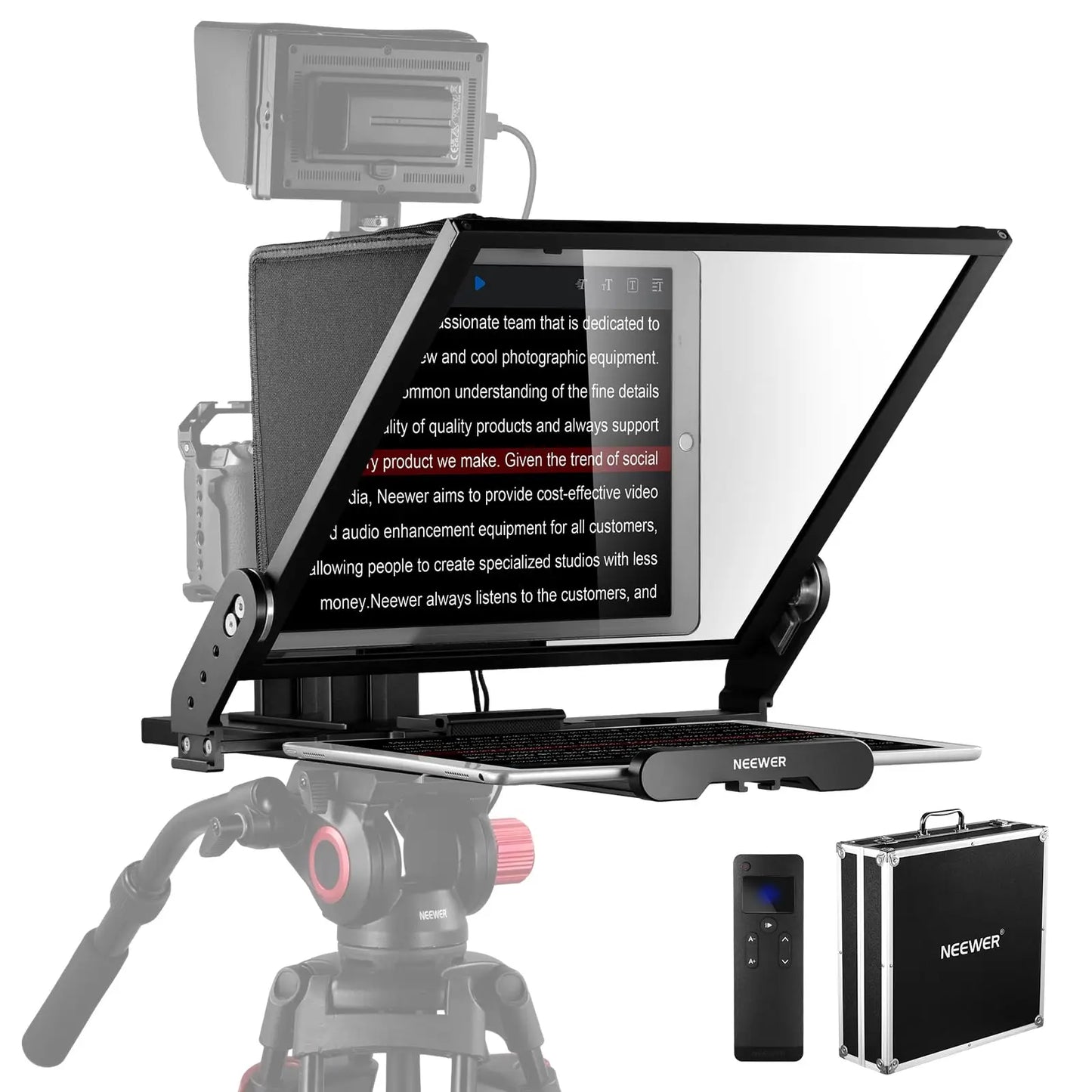Black neewer glossy black 11 inch teleprompter monitor with adjustable stand built-in tablet holder and compatible devices support