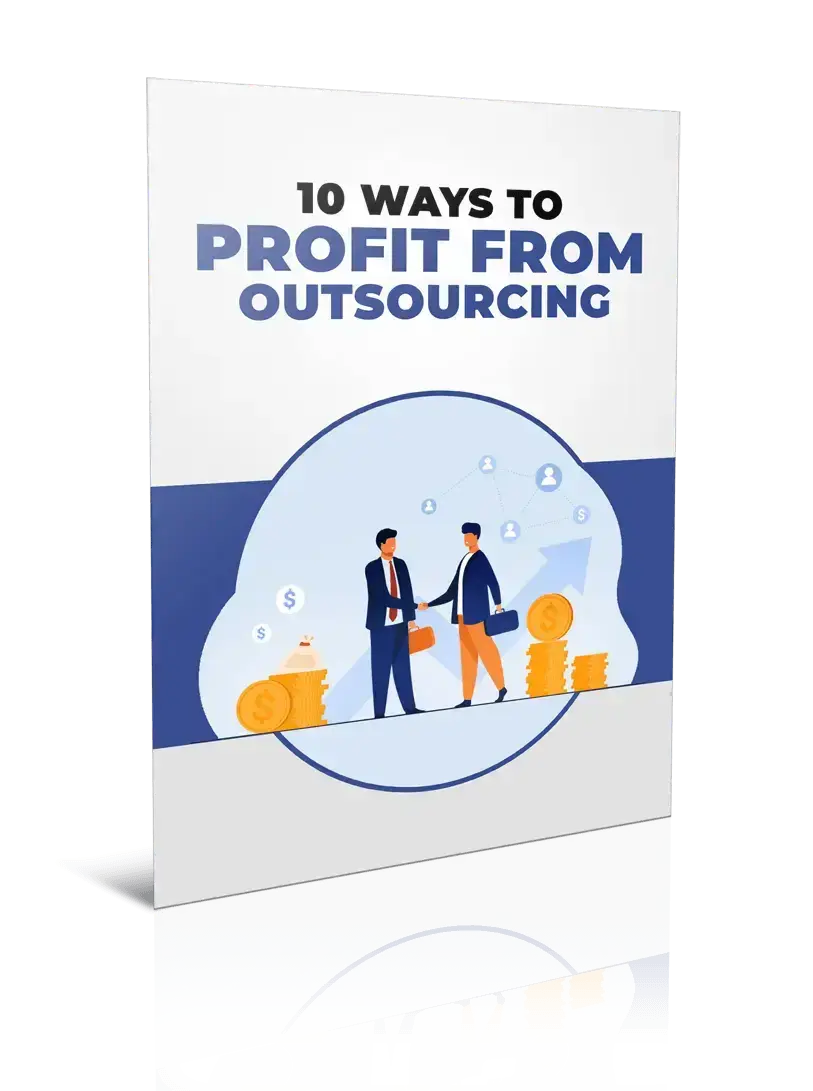 Brochure cover titled '10 Ways to Profit from Outsourcing' with an illustration of two business people shaking hands.