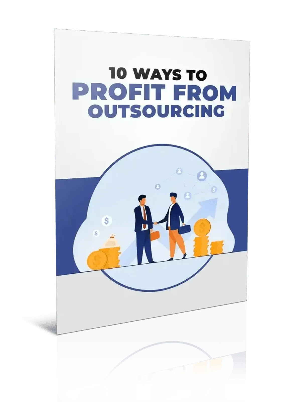 Brochure cover titled '10 Ways to Profit from Outsourcing' with an illustration of two business people shaking hands.