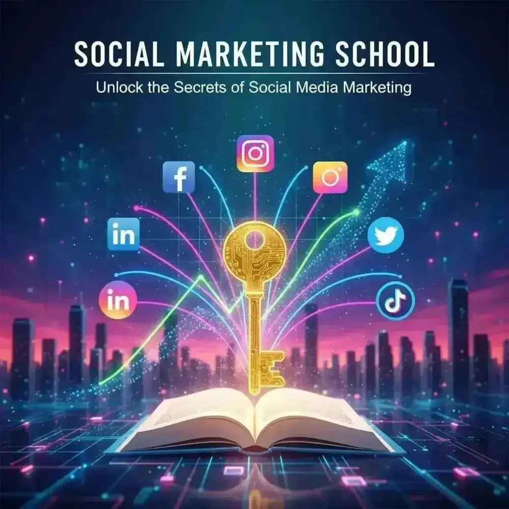 Social Media Marketing Course graphic featuring a golden key and digital icons over a city skyline at dusk.