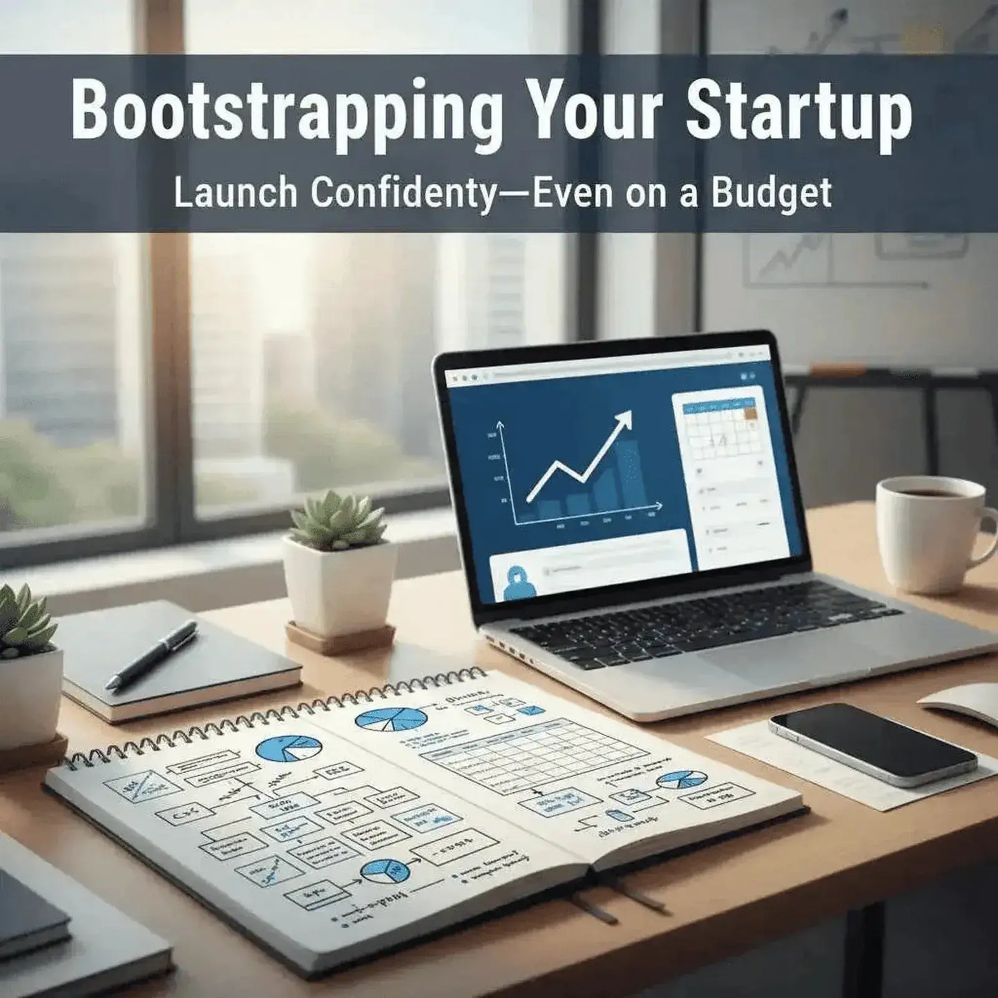 Laptop and workbook showing business growth charts for Bootstrapping Your Startup: Launch Confidently on a Budget guide.