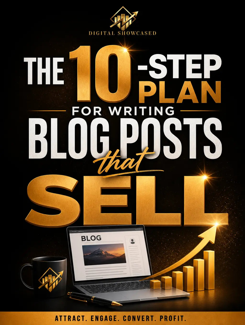 Gold and white text on black background showing a 10-step plan for writing blog posts that sell with laptop and mug