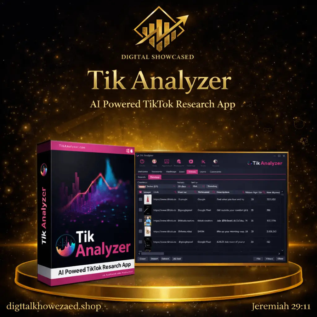 The tik analyzer software box features a sleek pink and black design with a glowing graph for tiktok search and competitor research