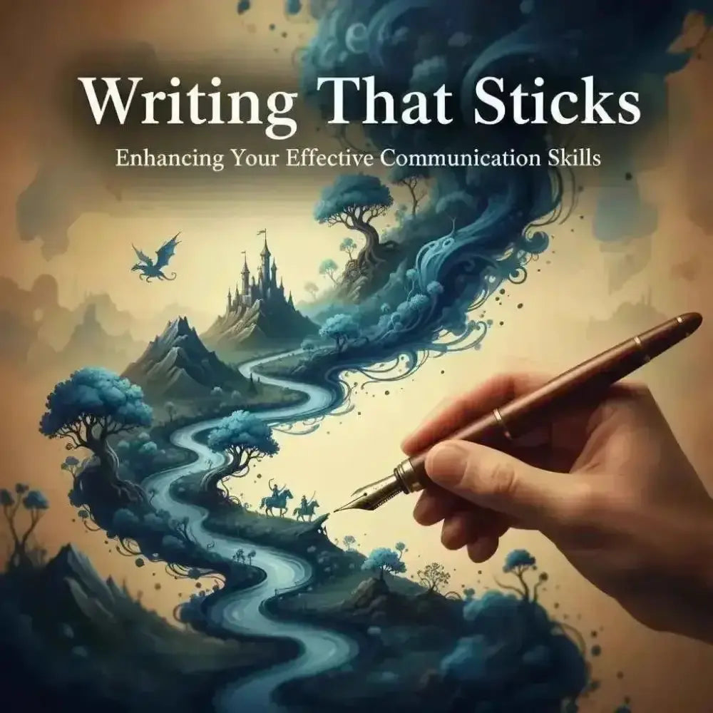 Writing That Sticks course cover showing a hand writing a fantasy landscape with a fountain pen to build writing skills.