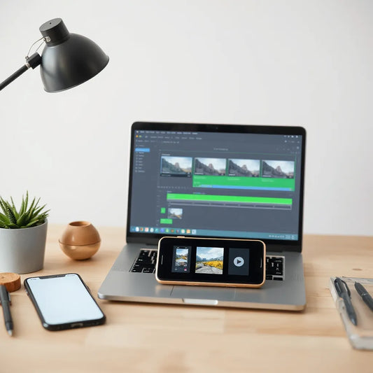Laptop and smartphone showing video editing previews in a clean modern workspace