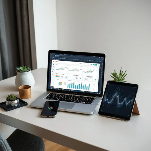 Laptop with AI-style marketing dashboard and connected data flows in a modern workspace