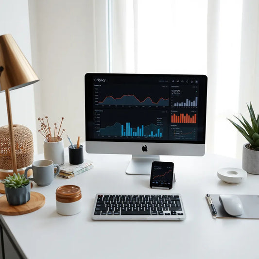 Laptop and phone connected through an abstract AI network dashboard in a clean office setting
