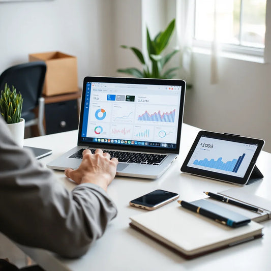 Person reviewing an AI-assisted marketing dashboard on a laptop with analytics charts and icons.