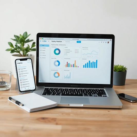 Laptop and checklist on a clean desk with simple analytics on a phone