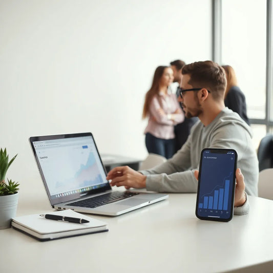 Business owner reviewing growth metrics on a laptop while team members plan next steps in a modern office
