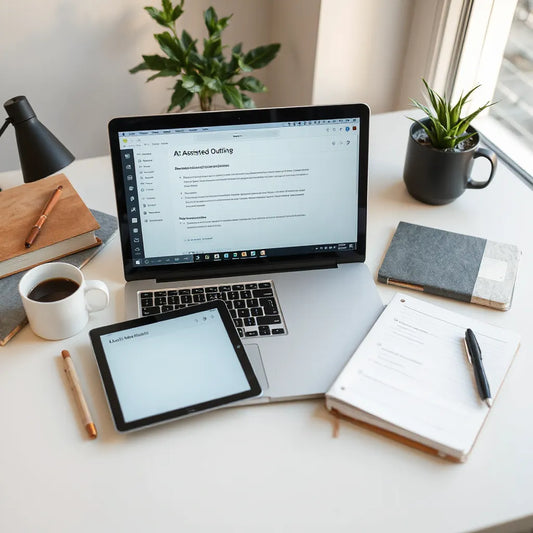 Laptop and tablet showing a structured course outline and AI-assisted workflow at a tidy desk