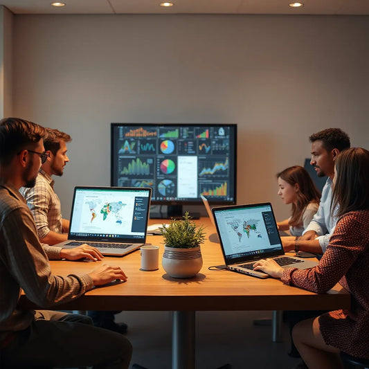 Diverse learners collaborating with laptops and clean AI workflow diagrams in a modern office setting