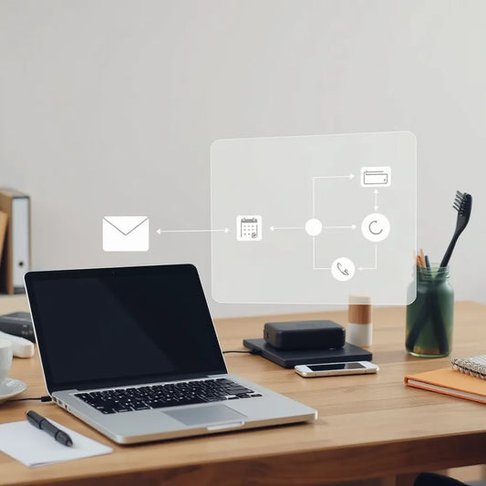 Laptop and phone with a clean floating workflow diagram showing connected tasks and approvals