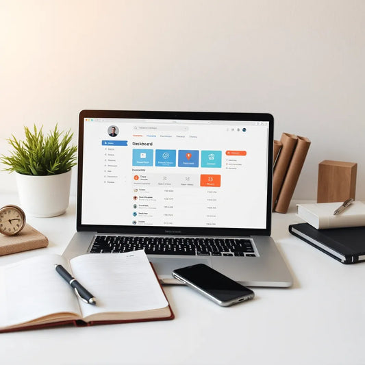 Entrepreneur using a laptop with a course dashboard, plus notebook and pen on a tidy desk