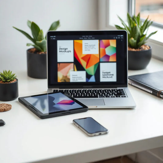 Minimal desk setup with laptop and tablet showing colorful graphic design mockups