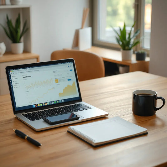 Laptop and smartphone displaying analytics in a modern home office workspace