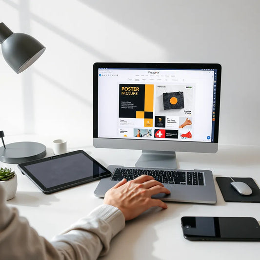 Designer working on a laptop with AI-generated poster and brand mockup previews on screen