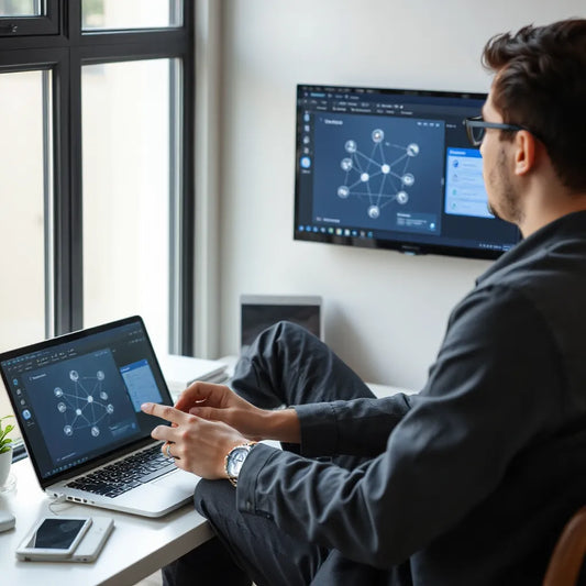 Person using laptop with a clean connected workflow interface for automated productivity.