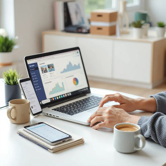 Person using a laptop with analytics charts and a phone showing a generic link preview