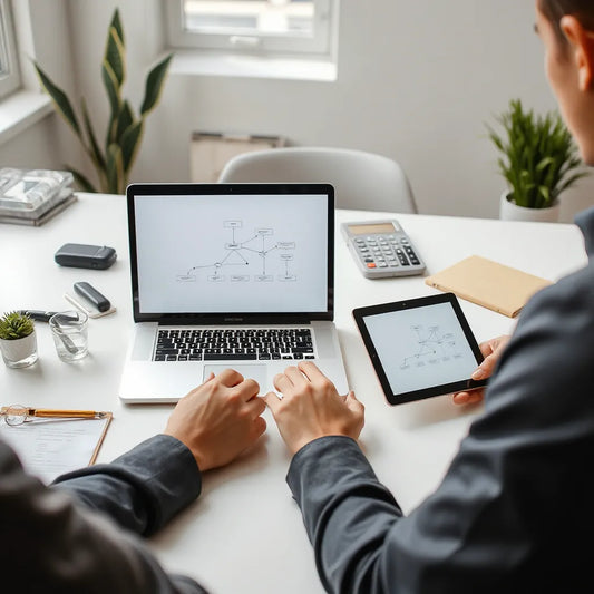 Business team reviewing a workflow diagram on devices in a clean office