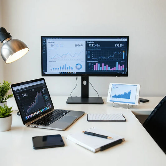 Analyst reviewing marketing dashboards and trend charts on multiple screens at a modern desk