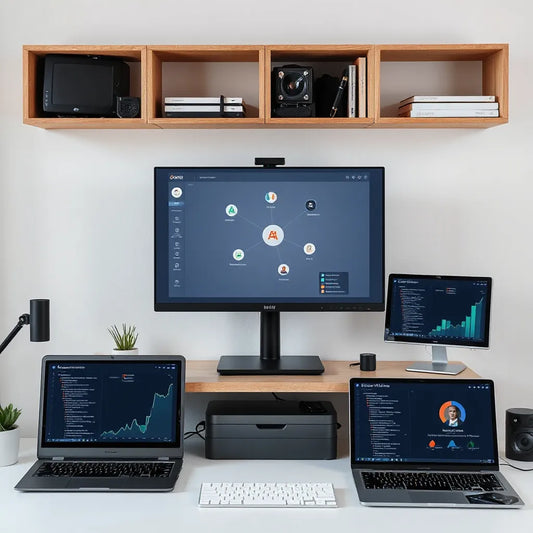 Sleek workspace with a unified AI dashboard and connected nodes representing multiple tools