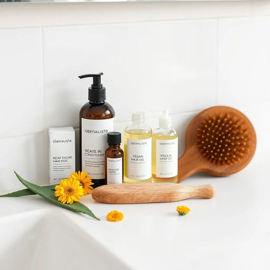 Minimal vegan hair care bottles with botanical ingredients and a wooden hair brush on a clean countertop