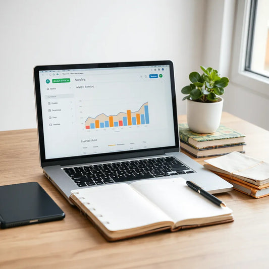 Person working at a home office with laptop analytics and a notebook, representing online business planning