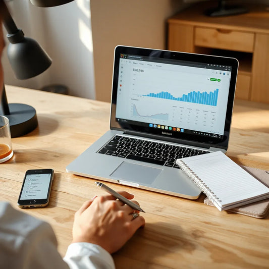 Person reviewing performance charts on a laptop while tracking affiliate links on a desk
