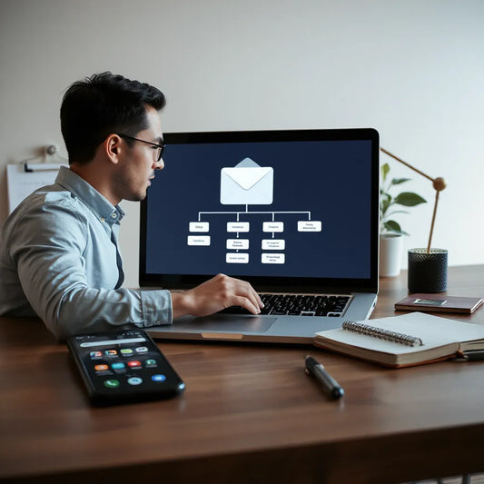 Person using a laptop with a clean email automation workflow diagram while receiving a notification