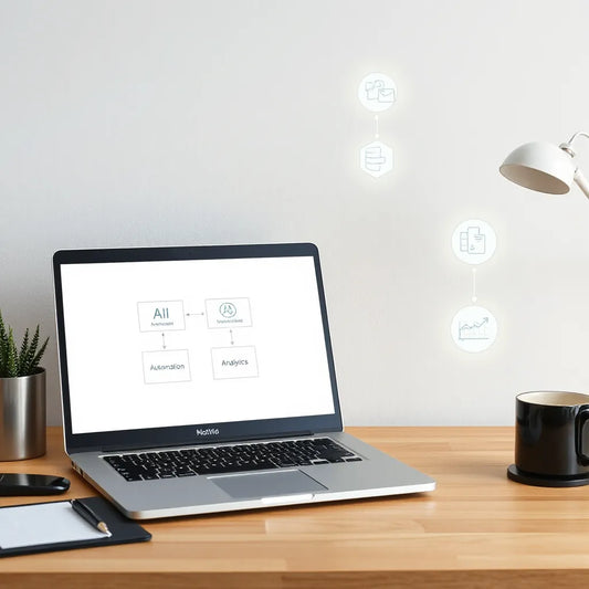 Laptop with abstract AI workflow diagrams and simple glowing automation icons in a modern workspace