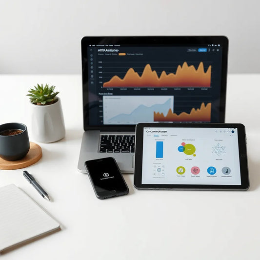 Laptop and tablet showing AI-driven marketing analytics and customer journey visualizations
