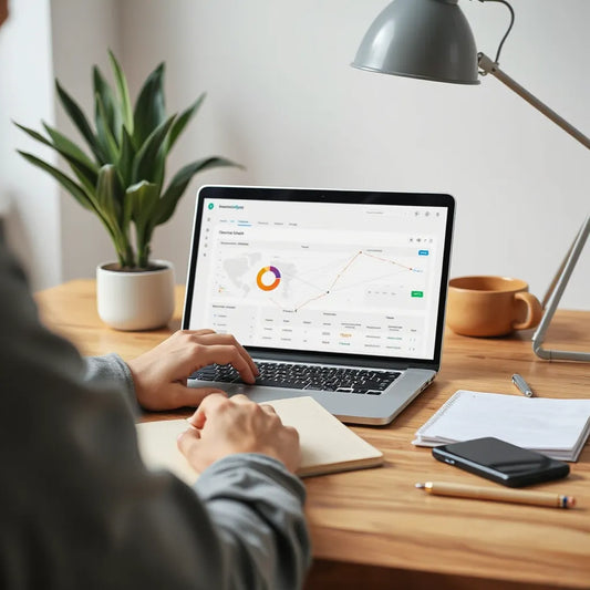 Marketer reviewing a laptop dashboard with a subtle AI network overlay in a clean workspace