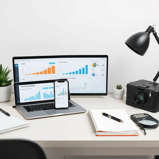 Laptop with market research charts and sales analytics alongside a smartphone and magnifying glass on a desk