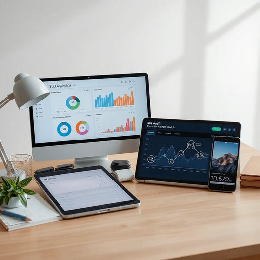 Laptop showing simple SEO analytics charts with connected site audit visuals on a tablet