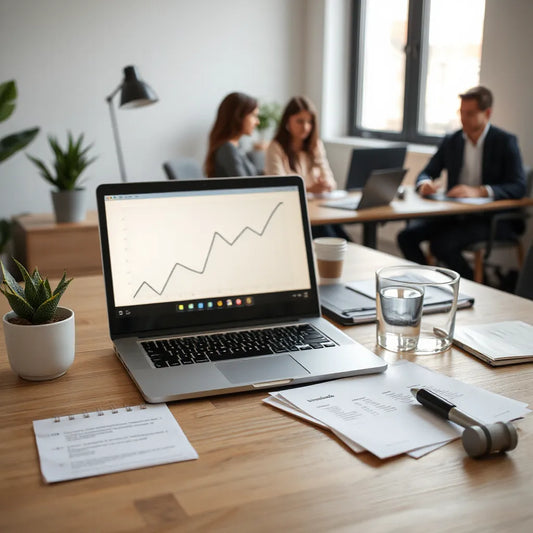 Modern office desk with a laptop displaying upward chart lines and a team working in the background