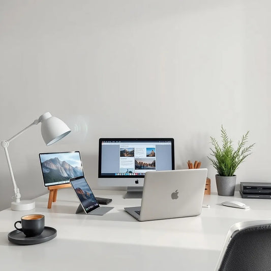 Creator working with laptop and tablet as subtle AI assistance overlays suggest smarter content workflows