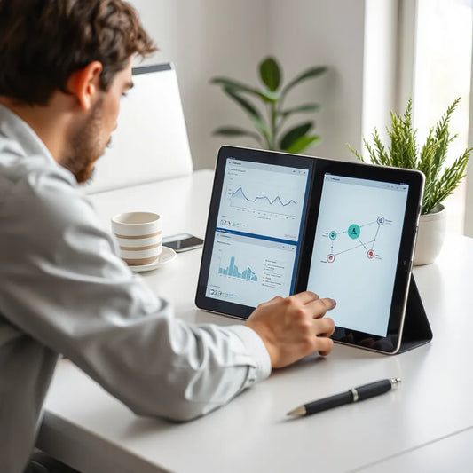 Person reviewing laptop analytics and automation flow diagrams for scaling online income