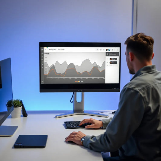 Monitor showing AI-driven video analytics heatmap overlays and tracking lines over a video frame
