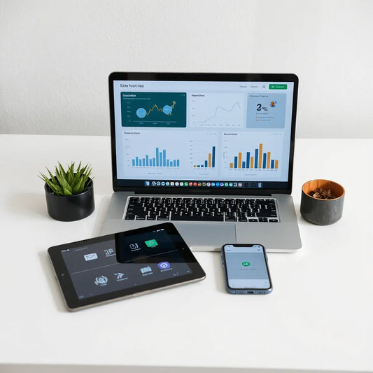 Laptop, tablet, and phone on a clean desk showing generic business dashboards with bundled service cards