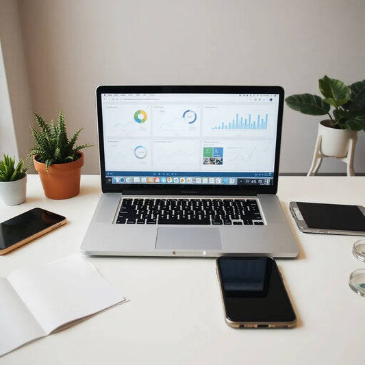 Laptop displaying research data flow charts with automated analytics, alongside mobile devices on a clean desk